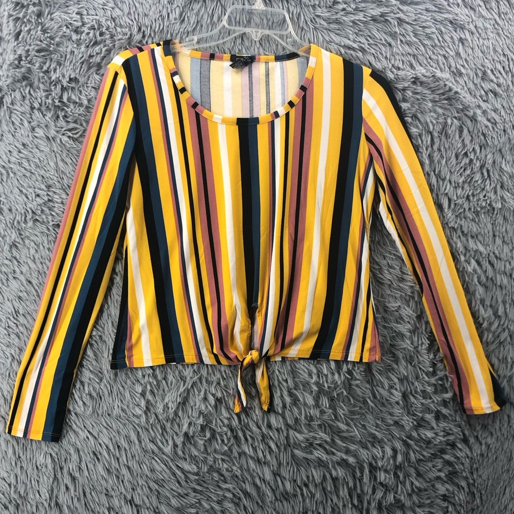 Rue21 Shirt Womens XL Striped Tie Hem Stretchy Long Sleeve Top Yellow Fall